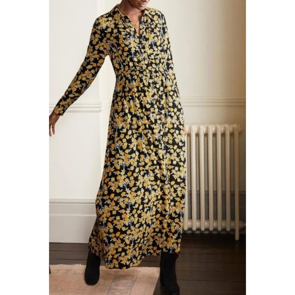 Boden‎ Yellow Black Floral Maxi Shirt Dress Long Sleeve Elastic Waist US 6P